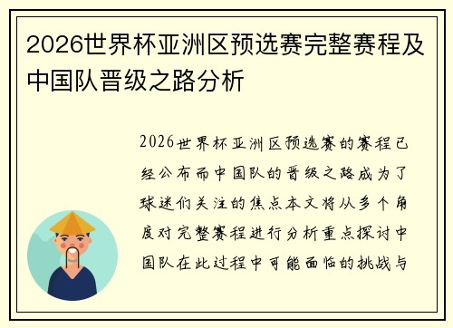 2026世界杯亚洲区预选赛完整赛程及中国队晋级之路分析